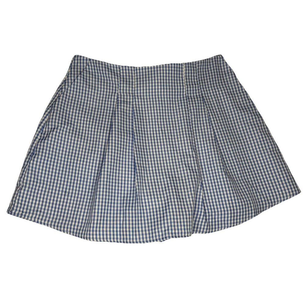 Blue Gingham Pleated Plaid Mini Zip Skort Women's Large Blue White Peasant Lined